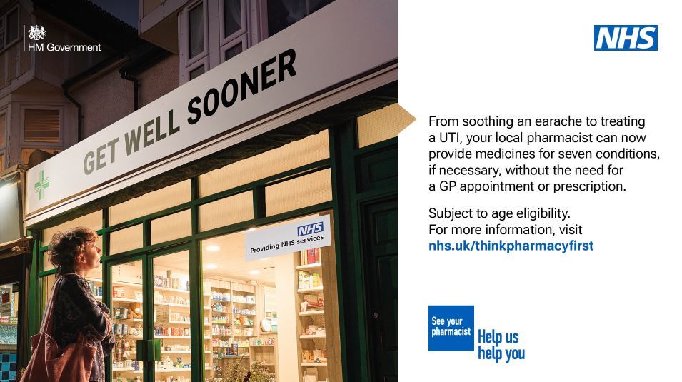 A person stands outside a pharmacy which has a sign whch reads Get Well Sooner