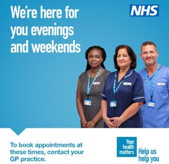 Poster advertising evening and weekend appointments with a GP or nurse