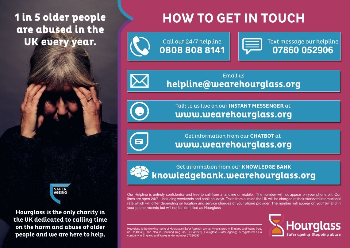 A poster advertising the charity Hourglass, dedicated to helping older people facing harm or abuse