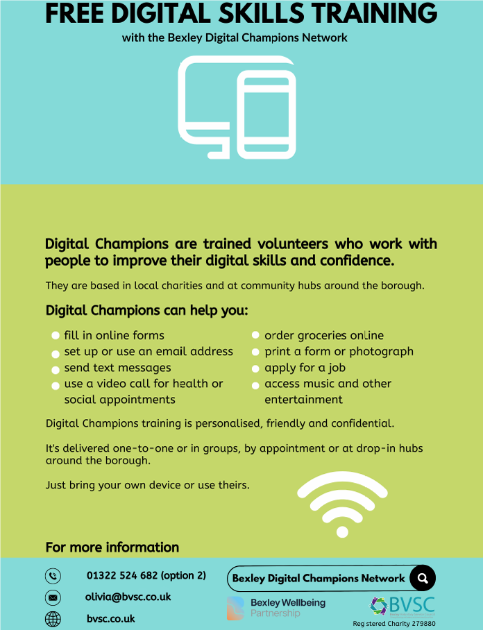 Free Digital Skills Training with bexley digital champions network poster