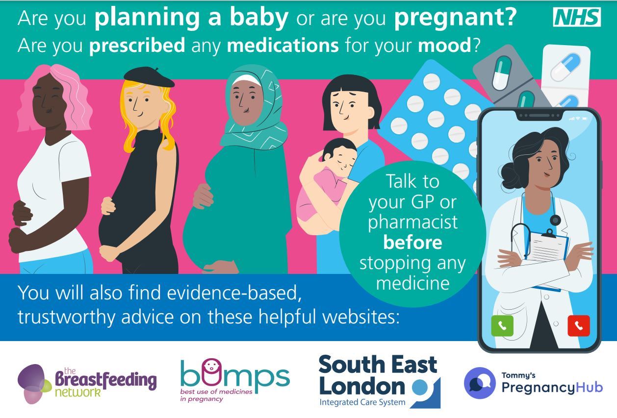 Poster advising people pregnant or planning a baby to discuss mood medication before stopping