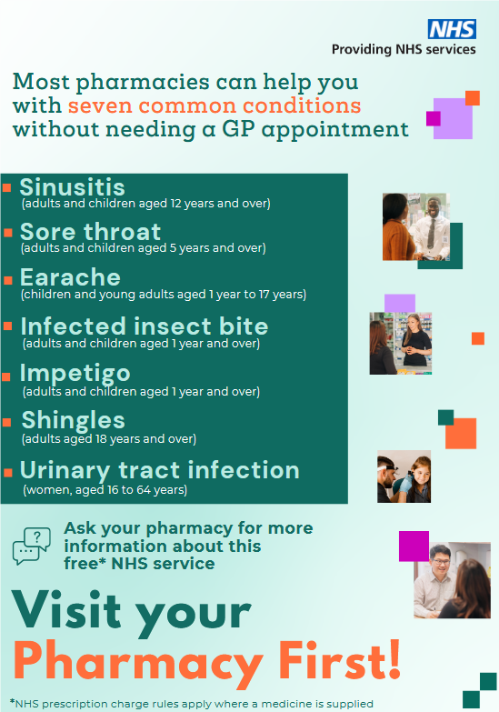 Poster with information about pharmacy first