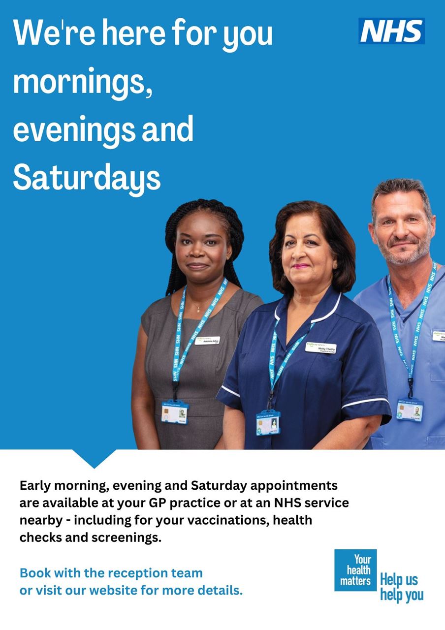 Poster advertising morning, evening and Saturday appointments