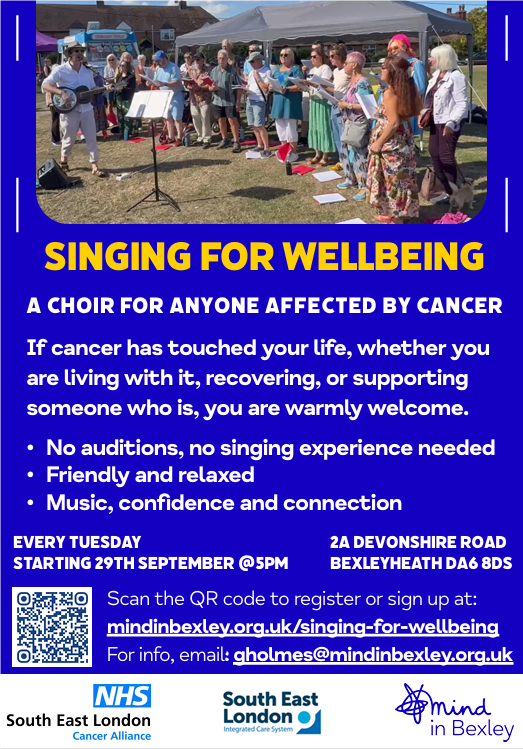 Poster for singing for wellbeing a choir for anyone affected by cancer