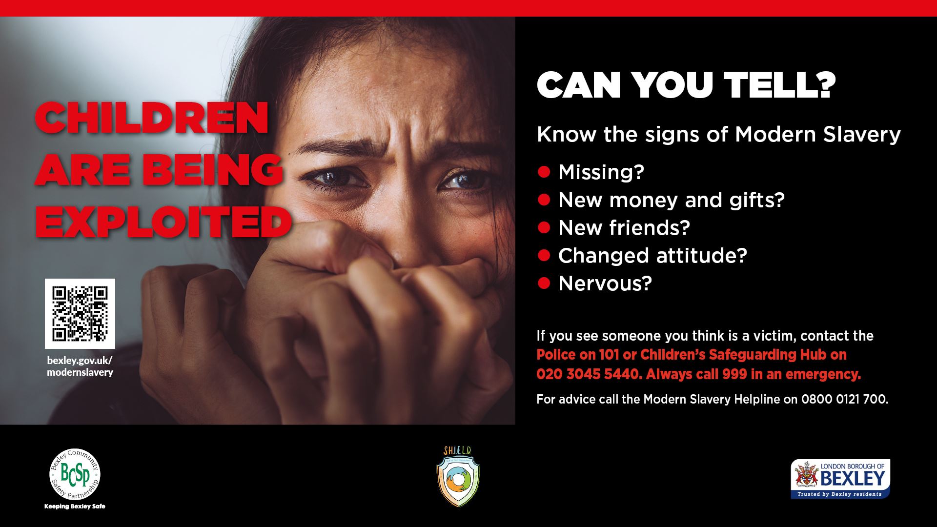 A poster advising people to know the signs of modern slavery and report it if you see a victim